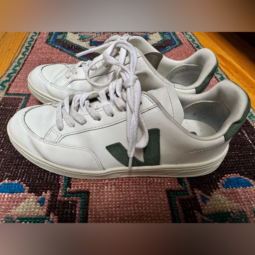 Veja White and Green Leather Sneakers